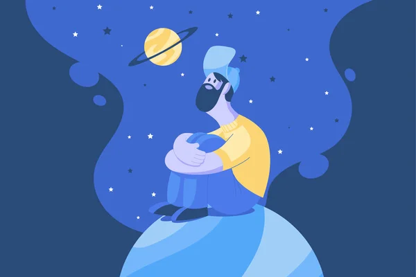 Ilustracin vektör hombre mirando planeta Saturno en la noche