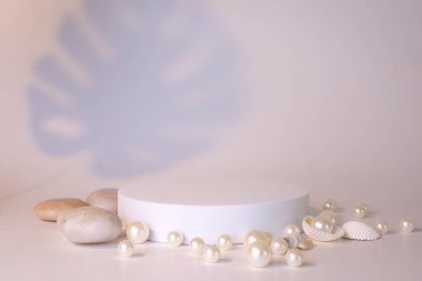 Beyaz arka planda inci ve deniz kabuklarıyla beyaz podyum. Ürün podyumu, kozmetik sunumu. Yaratıcı bir model. Güzellik ürünleri için kaldırım taşı veya platform.