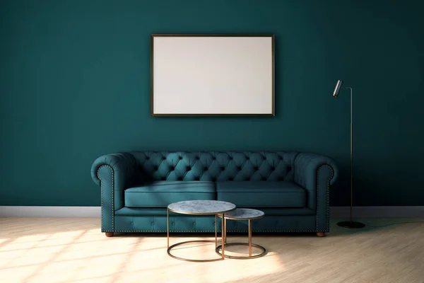 Mock-up keret sötétzöld belső lakás kanapéval, dohányzóasztal és padlólámpa. Modern klasszikus belső tér. 3D renderelés, 3D illusztráció. Sablon, használatra kész. Szabad hely a képnek. — Stock Fotó
