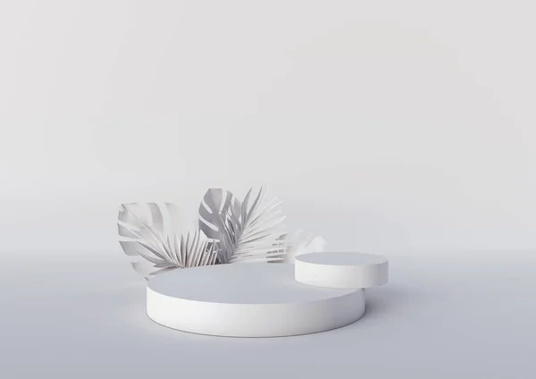 Δύο λευκά podiums με τροπικά φύλλα στο λευκό φόντο. Στόμιο για το προϊόν, καλλυντική παρουσίαση. Δημιουργική κοροϊδία. Pedestal ή πλατφόρμα για τα προϊόντα ομορφιάς. 3D απόδοση, 3D απεικόνιση. — Φωτογραφία Αρχείου