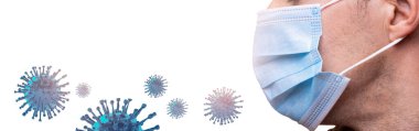 Tıbbi maskeli bir adam ve Covid-19 virüsü, koronavirüs, hücresel bir ortamda dolaşan virüs. 3 boyutlu görüntüleme ve fotoğraf. Metin için boş alan, kopyalama alanı.