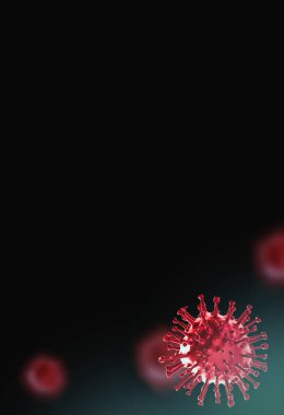 Covid-19 virüsü, koronavirüs, hücresel ortamda dolaşan virüs. 3 boyutlu görüntüleme. Metin için boş alan, kopyalama alanı.