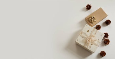 Noel kompozisyonu. Xmas geçmişi. Noel hediyesi, beyaz arka planda çam kozalakları. Metin için boş alan, kopyalama alanı. Düz yatış, üst görünüm