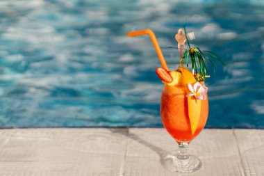 Taze meyve ve dekoratif çiçeklerle dolu renkli bir kokteyl havuzun kenarında duruyor. Güneş sudan yansıyarak, canlı bir yaz atmosferi yaratır..