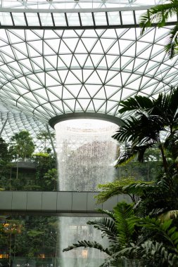 Singapur - 27 Ocak 2026: Singapur 'daki Jewel Changi Havalimanı' nda büyük bir şelale akmaktadır. Çevreleyen bitkiler yemyeşil bir ortam yaratır. Ziyaretçiler bölgeyi keşfediyor