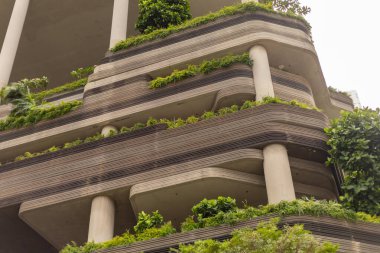 Bir yapıda, kenarı boyunca büyüyen yeşil bitkilerle birlikte çeşitli seviyeler vardır. Tasarım beton ve bitki örtüsünü birleştiriyor. Gündüz oldu ve gökyüzü gri görünüyor..