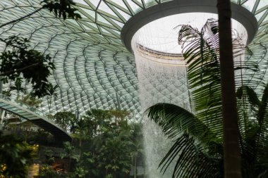 Singapur - 27 Ocak 2026: İnsanlar Singapur 'daki Jewel Changi Havalimanı' ndaki kapalı şelalenin etrafında yürüyor. Büyük şelale, ağaçlar ve bitkiler arasında çatıdan akar. Ziyaretçiler mekanın tadını çıkarıyor