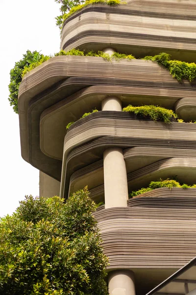 Yüksek bir binada çeşitli yeşil bitkilerle kaplı katmanlı balkonlar vardır. Yapı benzersiz kıvrımlar ve çizgiler gösteriyor. Güneş ışığı binanın üzerinde parlıyor, tasarımını vurguluyor..