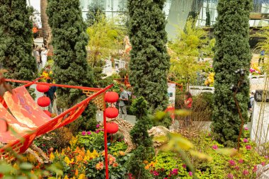 Singapur - 11 Ocak 2026: İnsanlar Singapur 'daki Çiçek Kubbesi' nde renkli çiçeklerin ve dekorasyonların arasında yürüyor. Sahnede bitkiler, fenerler ve şenlikli bir atmosfer yer alıyor..