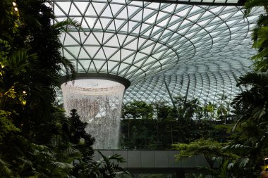Singapur - 11 Ocak 2026: Ziyaretçiler Jewel Changi Havaalanı 'nın tavanından dökülen büyük bir kapalı şelalenin keyfini çıkarıyorlar. Bölge ağaçlar ve bitkilerle dolu.