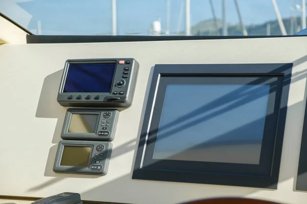 Close View Dashboard Navigation System Modern Luxury Yacht Captain Cockpit Stok Gambar Bebas Royalti