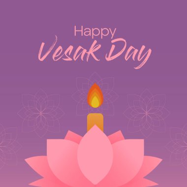 Mutlu Vesak Günleri (Selamat Hari Waisak) pembe nilüfer çiçeğinin üzerinde mor arkaplan ve mum ışığıyla