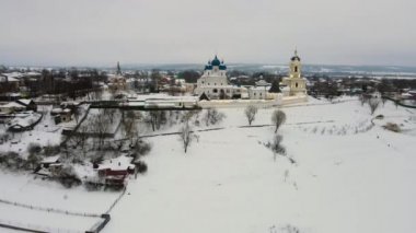 The Vysotsky monastery is an Orthodox monastery of the XIV century. It is one of the nine monasteries founded by the Monk Sergius of Radonezh. Drone video. Serpukhov, Russia. January 2021