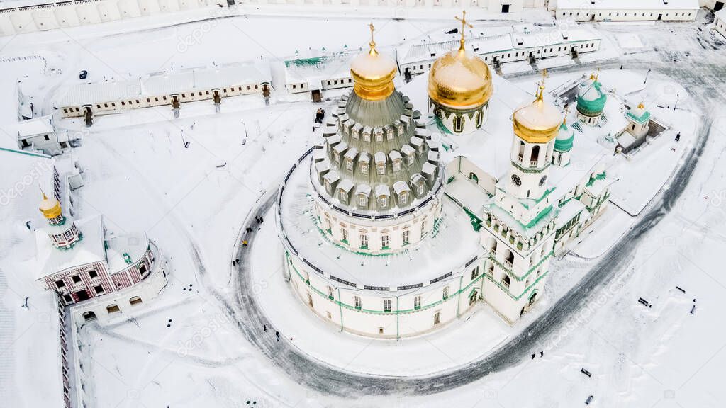 Aerial view of the Resurrection Cathedral of the New Jerusalem Monastery. Winter day.Moscow region Istra district