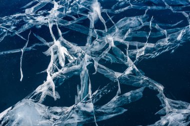 Şeffaf, mavi, berrak buzda sayısız çatlak var. Şaşırtıcı desenler. Yatay olarak. Etkileyici bir masaüstü duvar kağıdı. Baykal Gölü, Rusya