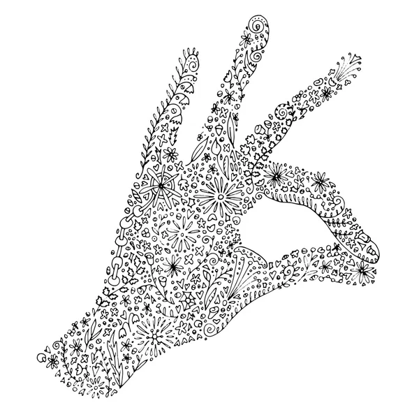 Zentangle imprimible dibujado a mano garabato con la palma izquierda y los dedos en signo OK. Flores, remolinos y vides como detalles. EPS 10 — Archivo Imágenes Vectoriales