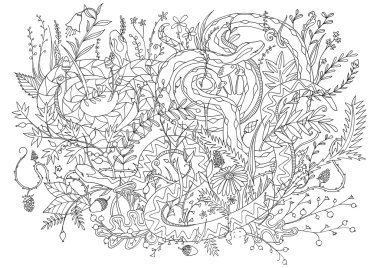 Bitki örtüsü ve çalılar kamufle engerek yılanları. Dinlenmek için boyama sayfası. 