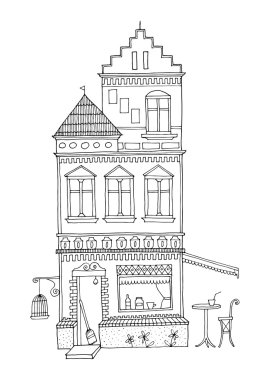 İki Kule yapı, mimari ayrıntılı süsler ve yer seviyesinde bir cafe bar ile uzun boylu Hollandalı ev