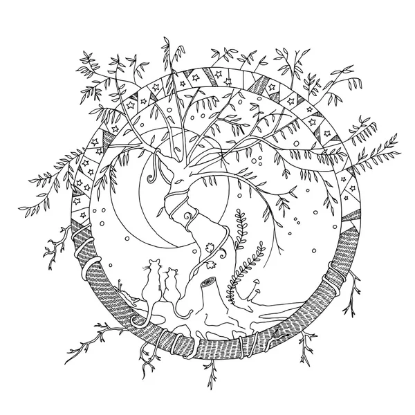 Monde imaginaire fictif dans l'art linéaire (avec chats, saule, lune, étoiles ) — Image vectorielle