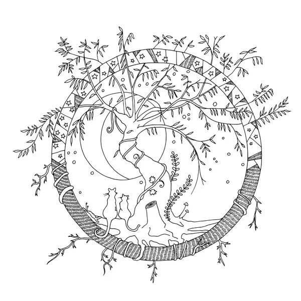(猫, ヤナギ, 月, 星とライン アートの想像上の架空の世界) — ストックベクタ