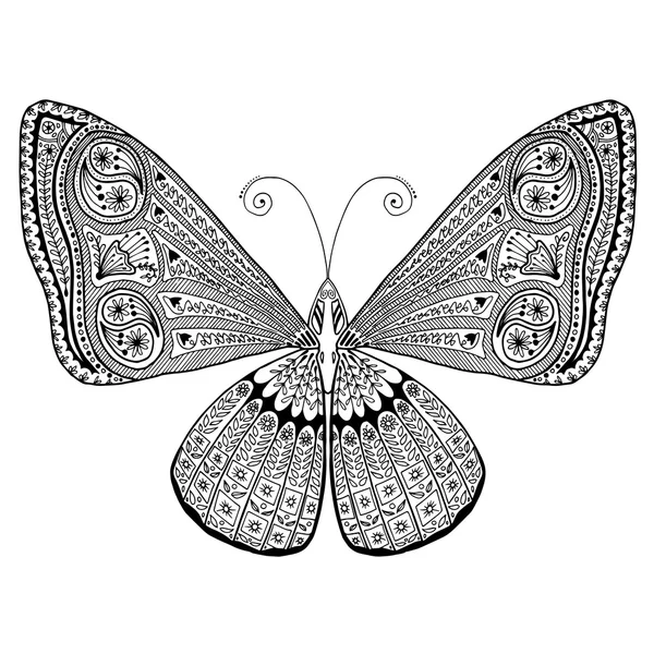 Pillangó bonyolult szárnya adataival. Ábra alkalmas webes, nyomdai, színezés. — Stock Vector