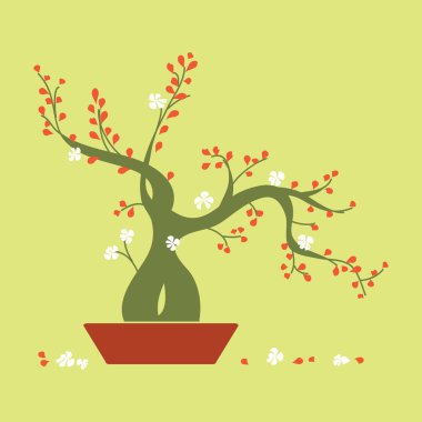 Çiçek açan Bonsai ağacı içinde bir tepsi