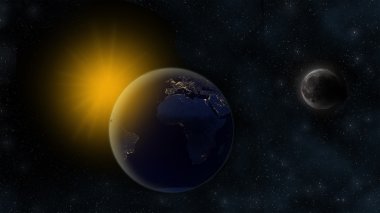 Planet Earth, gece güneş uzak arka plan ve kraterler ile yörüngedeki ay. Yıldızlarla kozmik sahne. Afrika, Avrupa ve Güney Amerika görünür - bu görüntü bir şekilde döşenmiş tarafından Nasa unsurları