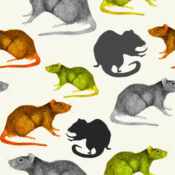 Patrón sin fisuras de las ratas. Ratones, perfiles y siluetas pintados a mano en gris, amarillo y marrón —  Fotos de Stock