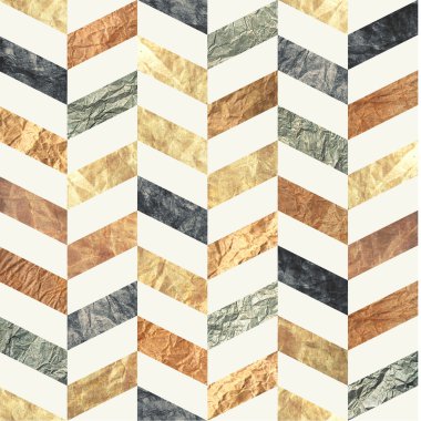 Chevron seamless pattern made of brown, beige, grey and blue old distressed paper textures. Repetitive tileable background for print, web and crafts, scrapbooking clipart