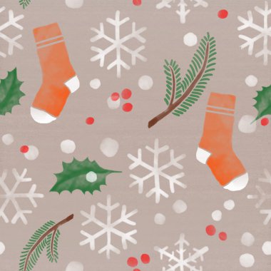 Christmas holidays winter theme pattern. Seamless background with socks, fir tree branches, bows of holly, snowfall, snowflakes and red spots