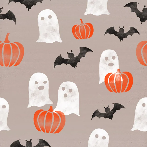 Halloween themed (pumpkins, ghosts, bats) seamless pattern on cardboard paper background. October autumn celebration — 图库照片