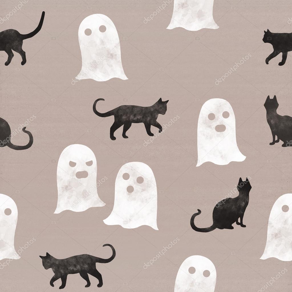 Ghosts and black cats for Halloween night celebration. Seamless pattern on cardboard background