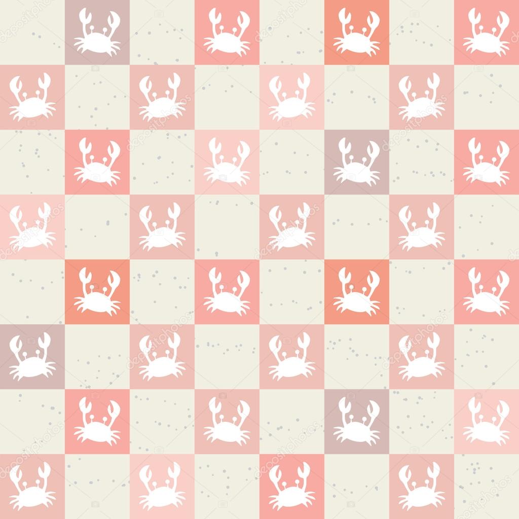 White Crabs on Peach Squares Background. Seamless repetitive pattern. Template for wrapping paper, gifts.
