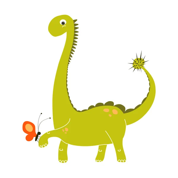 Desenhos animados de dinossauro verde bonito segurando uma pequena borboleta vermelha. Conjunto de doodles Vector EPS 10 dino —  Vetores de Stock