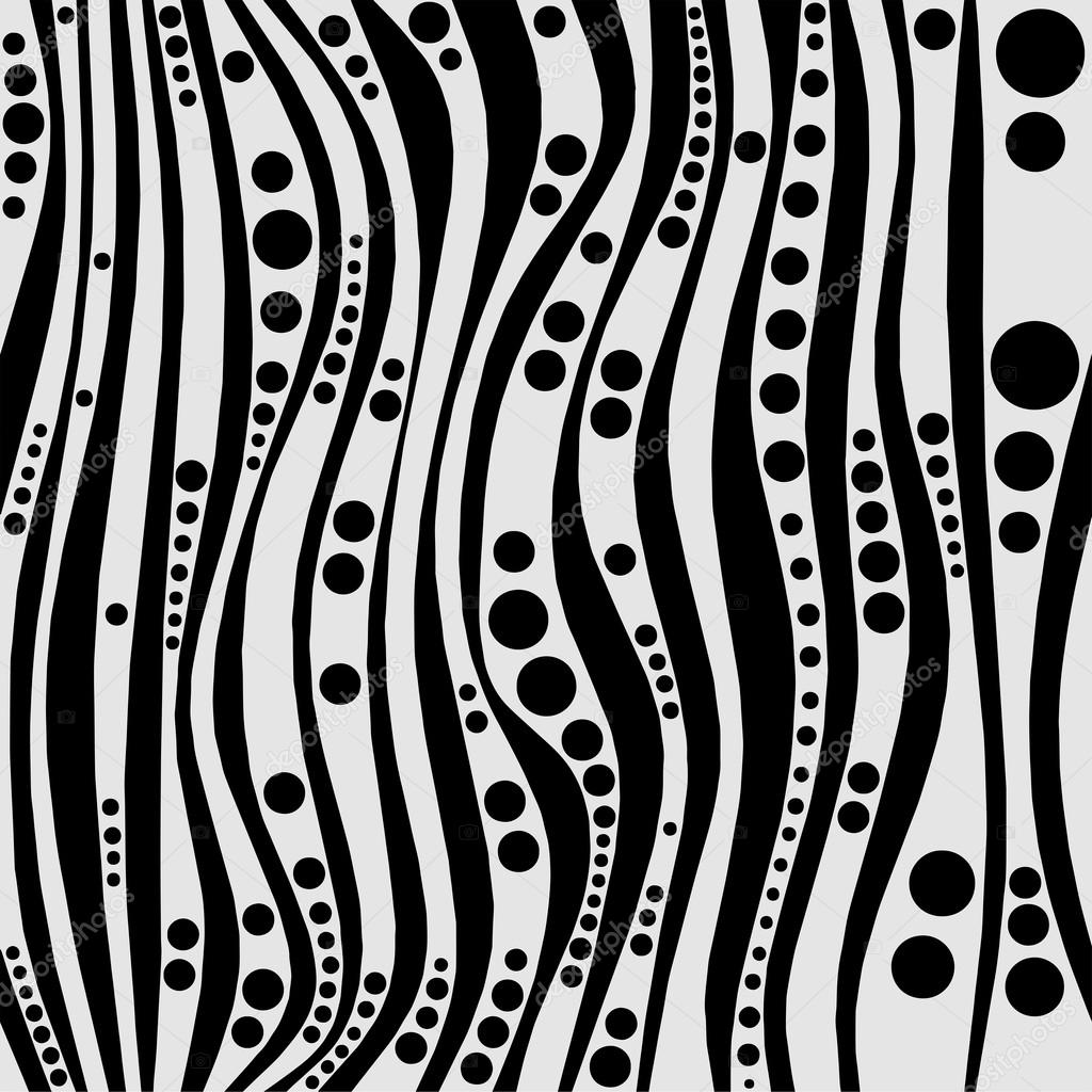 Wavy black and white contrasting abstract design with thin and thick curves and various circles. Vector EPS 10