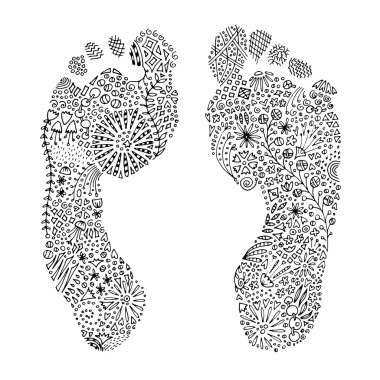 İnsan sol ve sağ yalınayak ayak izleri. Karmaşık el zentangle siyah pigment liner tasarım çekilmiş. Yazdırma için sayfa yetişkin renklendirme. Vektör Eps 10