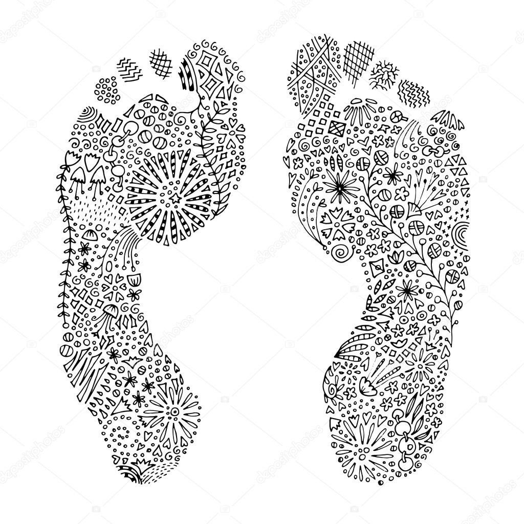 Zentangle floreale disegnato a mano disegno a forma di due orme umane per stampare e colorare Distensione di attivit  per adulti — Vettoriali di ru