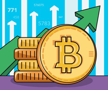 Bitcoin ve kripto para büyümesinin modern eğilimi. Kripto para piyasasında bir boğa dalgası. Bitcoin tablosunun fiyatındaki artış. Sarı para ve yeşil ok. Vektör. Pompala! 50.000 fiyat simgesi.