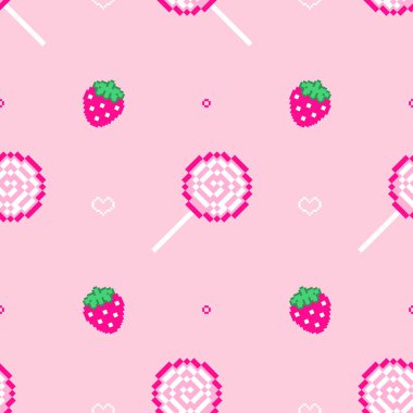 Pembe, pürüzsüz desenli lolipoplar ve çilekler. Şekerler ve doğal tatlılar sonsuz arka planda web tasarımı, el işi, kağıt ve daha fazlası için. Vektör üzümleri ve tatlı şeyler Tekrar desen.