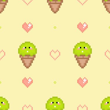 Matcha dondurma pikseli kusursuz desen. Vektör yeşil çay külahlı dondurma ve sarı arka planda kalpler. Kağıt, web ve sosyal medya tasarımı, kumaş ve daha fazlası için geçmişe dönük oyun tarzı. 8 bitlik kibrit dondurma külahı etrafında erik kalpli..