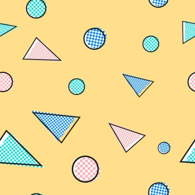 Ekoseli ve çizgili geometrik soyut, üçgen ve mermili kusursuz desen. Kağıt, kumaş, arkaplan vs. dekorasyonu için yaratıcı bir süs. Sarı üzerinde mavi, yeşil ve pembe vektör figürleri.