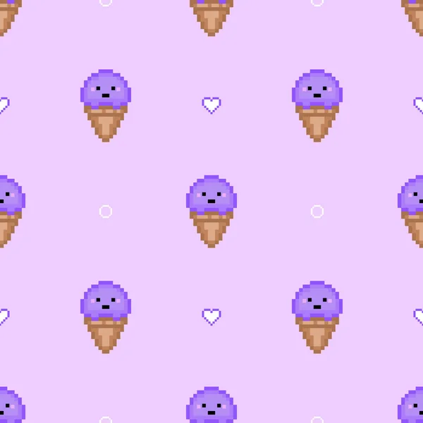 Taro Ijs Pixel Kunst Naadloos Patroon Paars Kegelijs Hartjes Violette — Stockvector