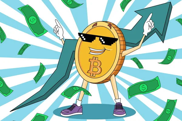 Bitcoinは価格の上昇を楽しんでおり 大きな緑の強気の矢印を保持しています Thug Life Meme上昇漫画暗号ビットコイン ビットコインの周りのドル Bitcoin市場の成長についての良いニュース — ストックベクタ