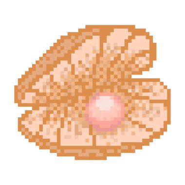 İnci pikselli istiridye kabuğunu aç. Retro oyun deniz tarağı, midye ya da güzellik mücevheri vektör resimli midye. Beyaz arka planda parlayan beyaz ve pembe incili 8 bit deniz pastel midyesi.. 
