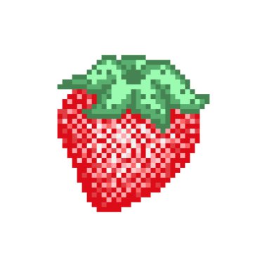 Pikselli çilek ikonu. Yapraklı vektör retro tasarım çilek sembolü. 8 bit çilek illüstrasyonu. Mozaik tasarımda lezzetli meyveler. Piksel çilek resmi.