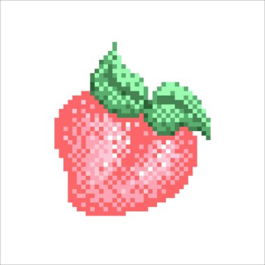 Yaprak şeftali ikonlu pikseller. Grafik tasarımı için vektör retro tasarım şeftali sembolü. 8 bitlik şeftali illüstrasyonu. Mozaik tasarımda lezzetli meyveler. Piksel şeftali karikatür resmi.