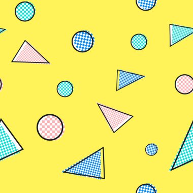 Ekoseli ve çizgili geometrik soyut, üçgen ve mermili kusursuz desen. Kağıt, kumaş, arkaplan vs. dekorasyonu için yaratıcı bir süs. Parlak sarı arkaplanda mavi, yeşil ve pembe vektör figürleri.