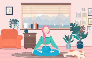 Pencerenin dışında güzel bir manzarayla evde yoga yapan bir kız. Evden ilham al. Nilüfer pozisyonunda yerde oturan kadın karakter. Modern iç mekanlarda meditasyonun tadını çıkarın. Vektör.
