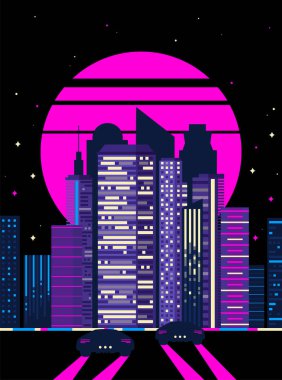 70 'ler, 80' ler gece şehrinin antika resimleri. Gökdelenli ve yarış arabalı siber punk filmi. Karanlık dev binalar ve neon ışıklar. Etkileyici bir estetik geçmişi var. Vektörü düzenlemek kolay.
