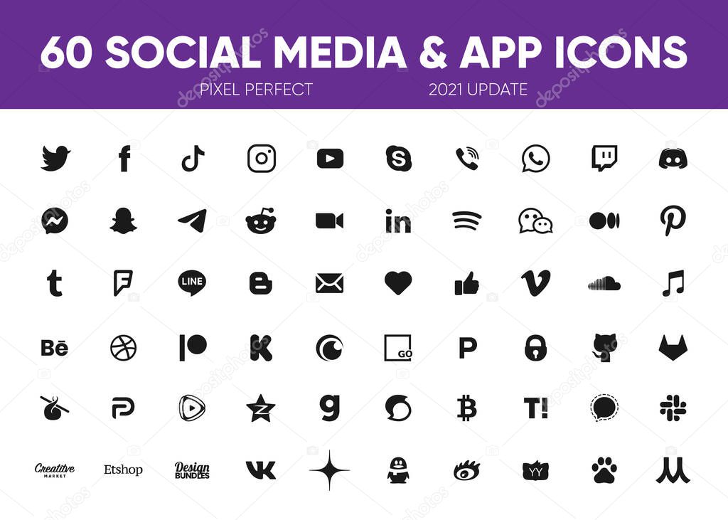 60 social media black icons. 2021 update and pixel perfect. 